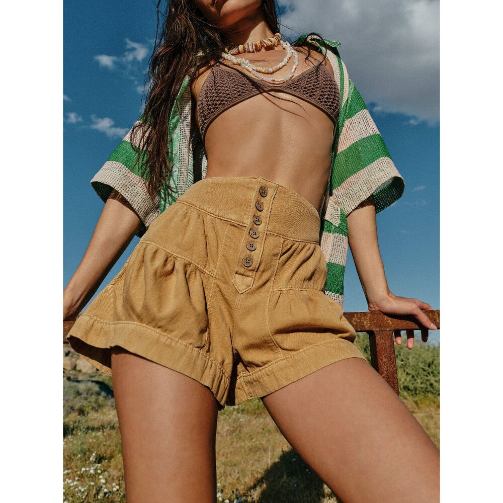 Free People Mustard Yellow High-Waist Button-Front Jean Shorts